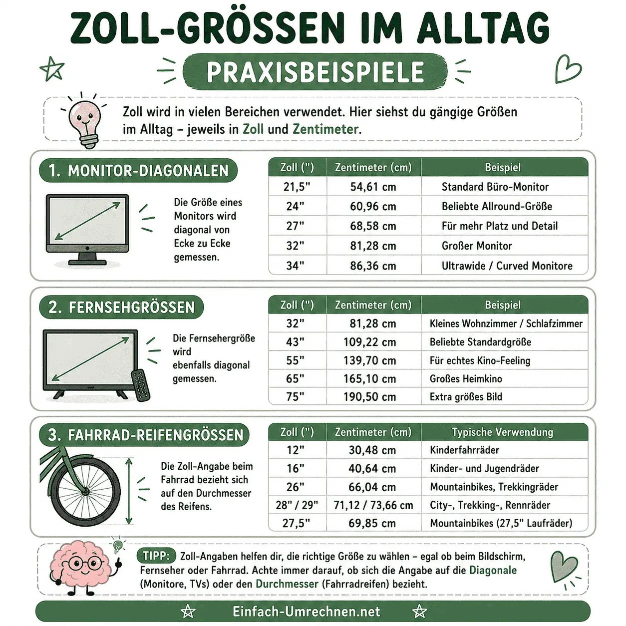 Infografik: Praxisbeispiele für Zoll-Größen im Alltag – Monitor-Diagonalen, Fernsehgrößen und Fahrrad-Reifengrößen in Zoll und Zentimeter